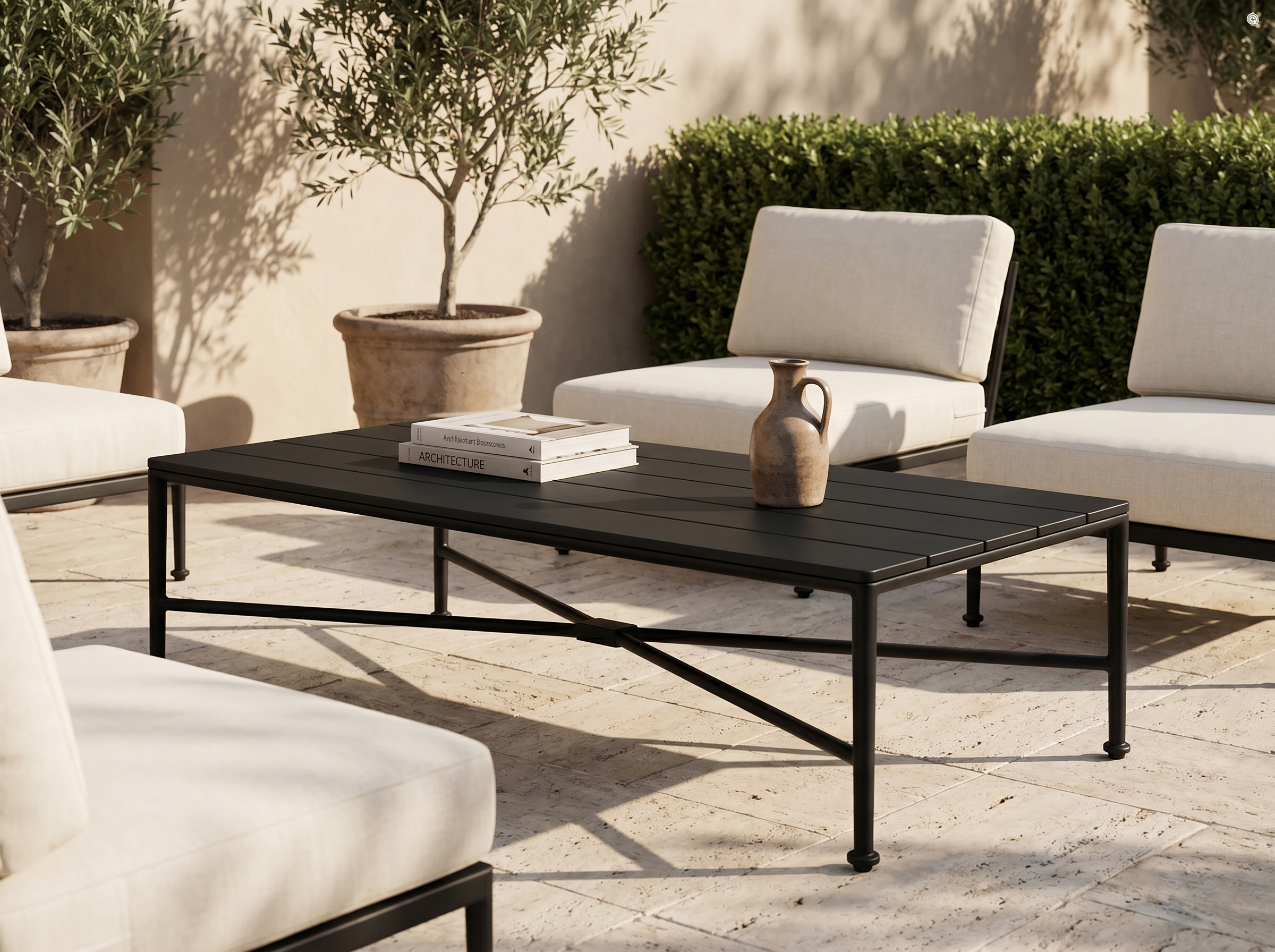 Borrego Outdoor Coffee Table in Matte Black — In situ