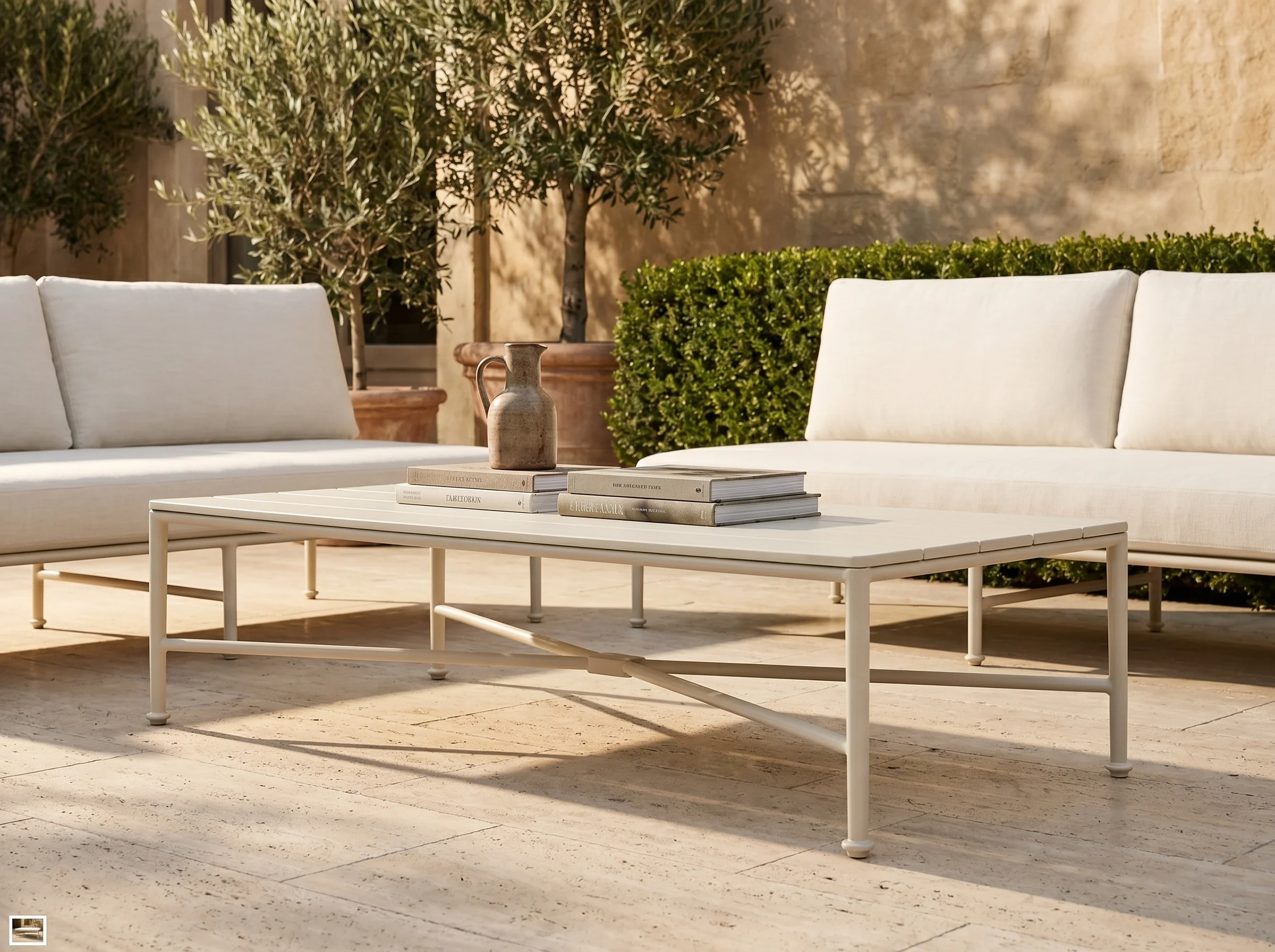 Borrego Outdoor Coffee Table in Bone White, In situ