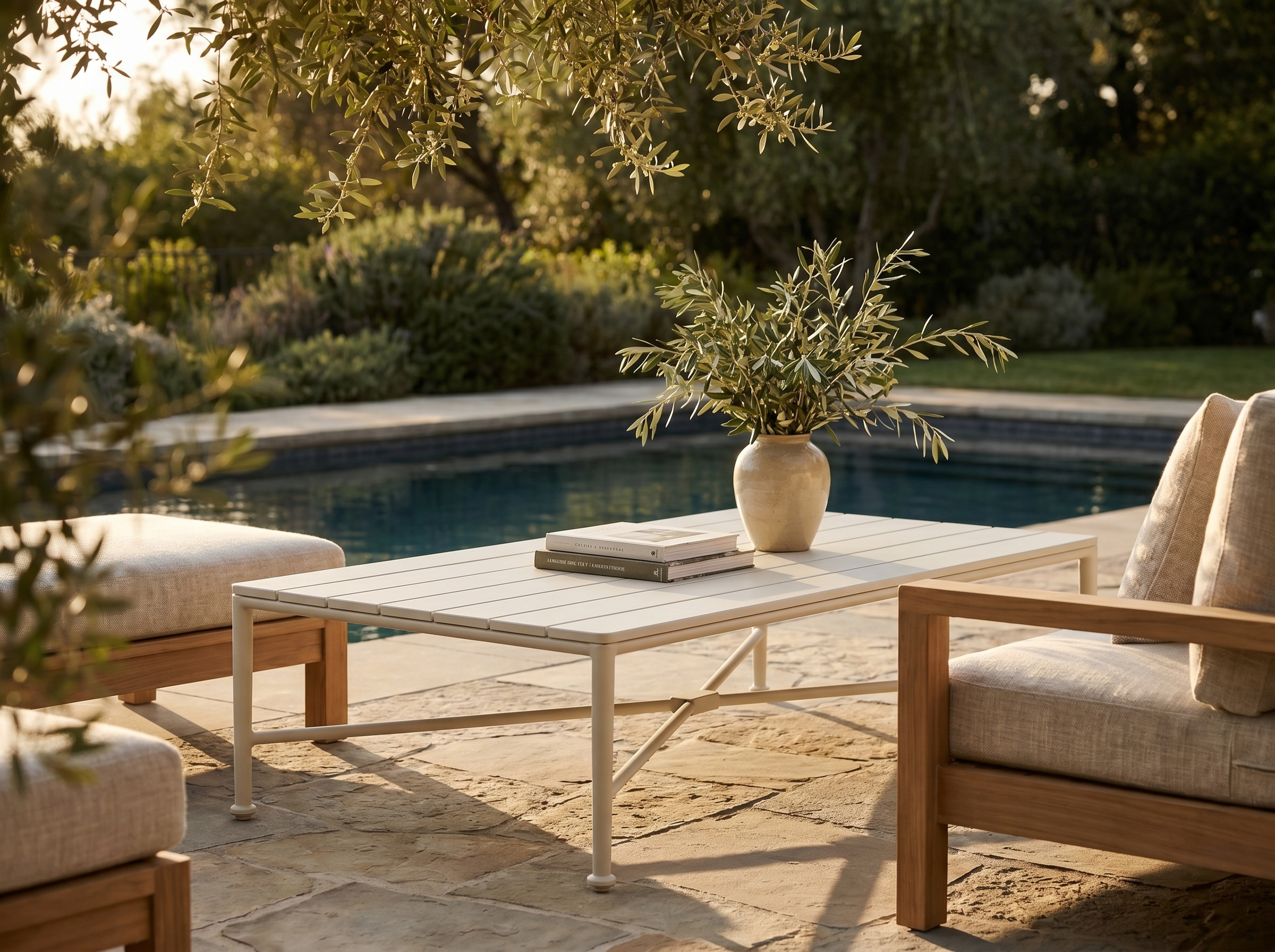 Borrego Outdoor Coffee Table in Bone White — Styled
