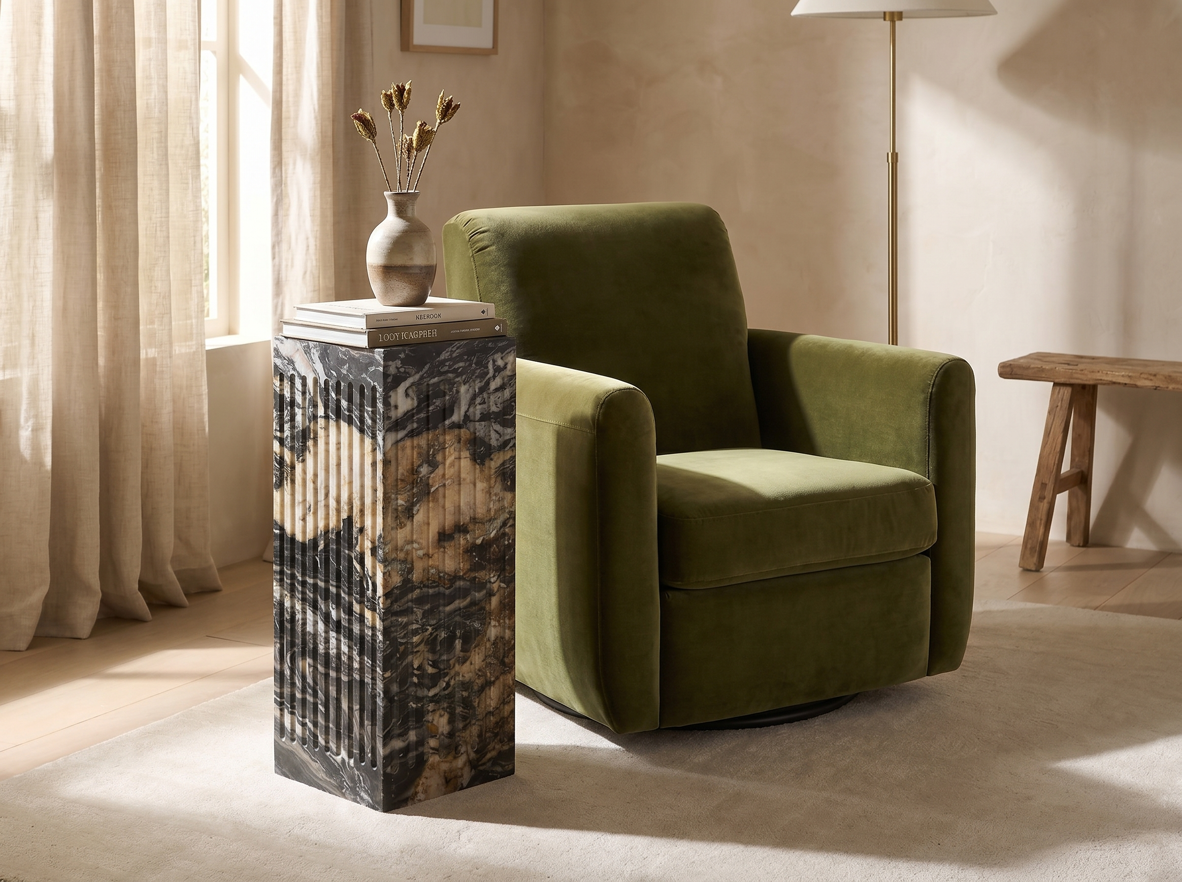 Coronado Fluted Marble Side Table in Black Forest Marble — Styled