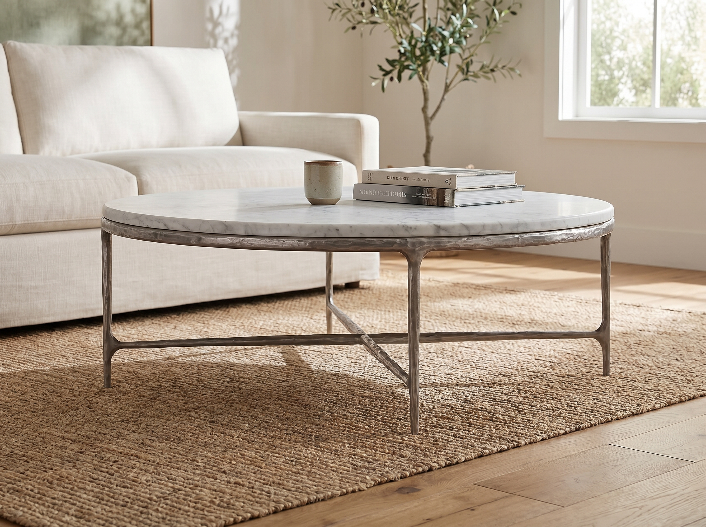 Cortez Round Forged Marble Coffee Table in Raw Stainless — In situ