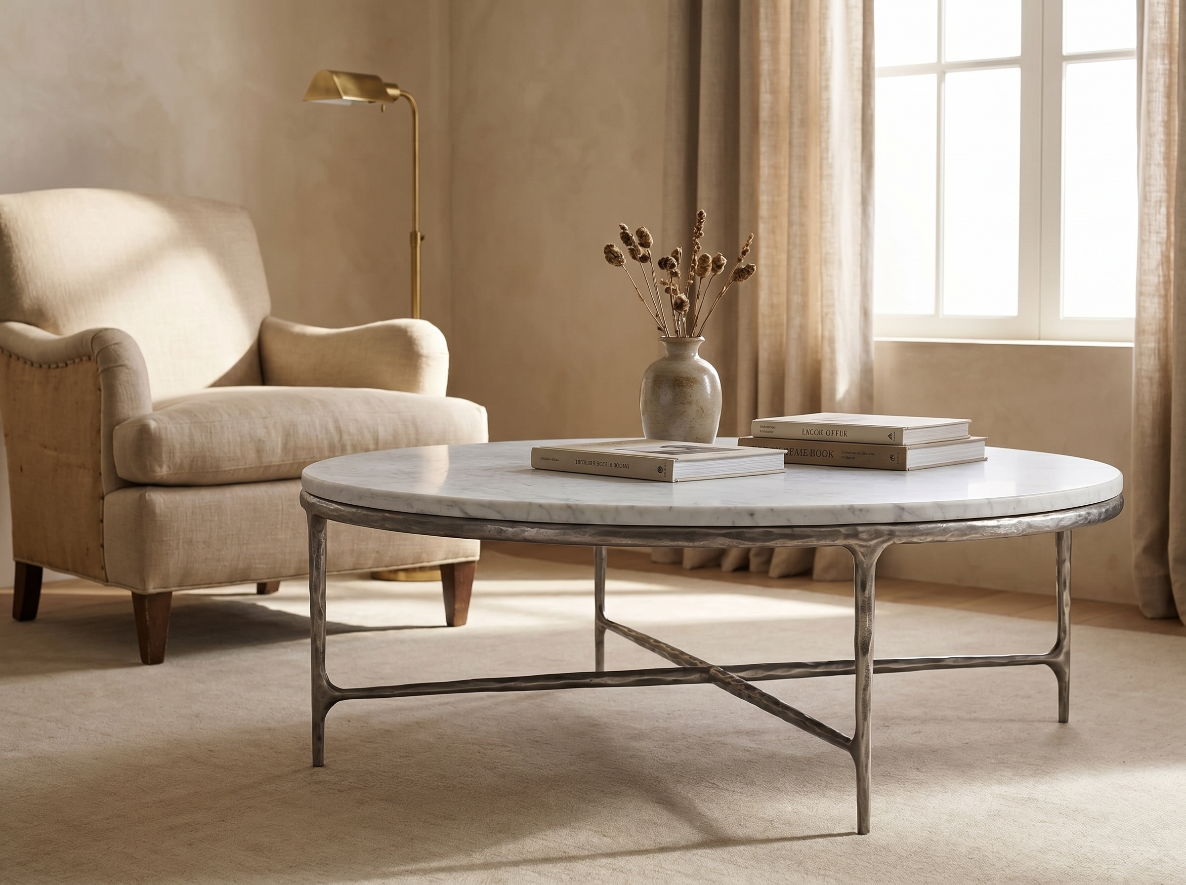 Cortez Round Forged Marble Coffee Table in Raw Stainless — Styled