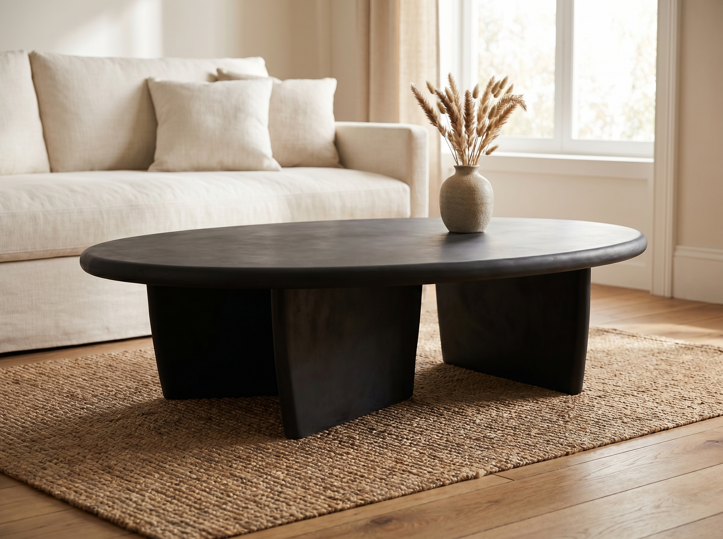 Del Mar Cast Coffee Table in Black Cement, Styled