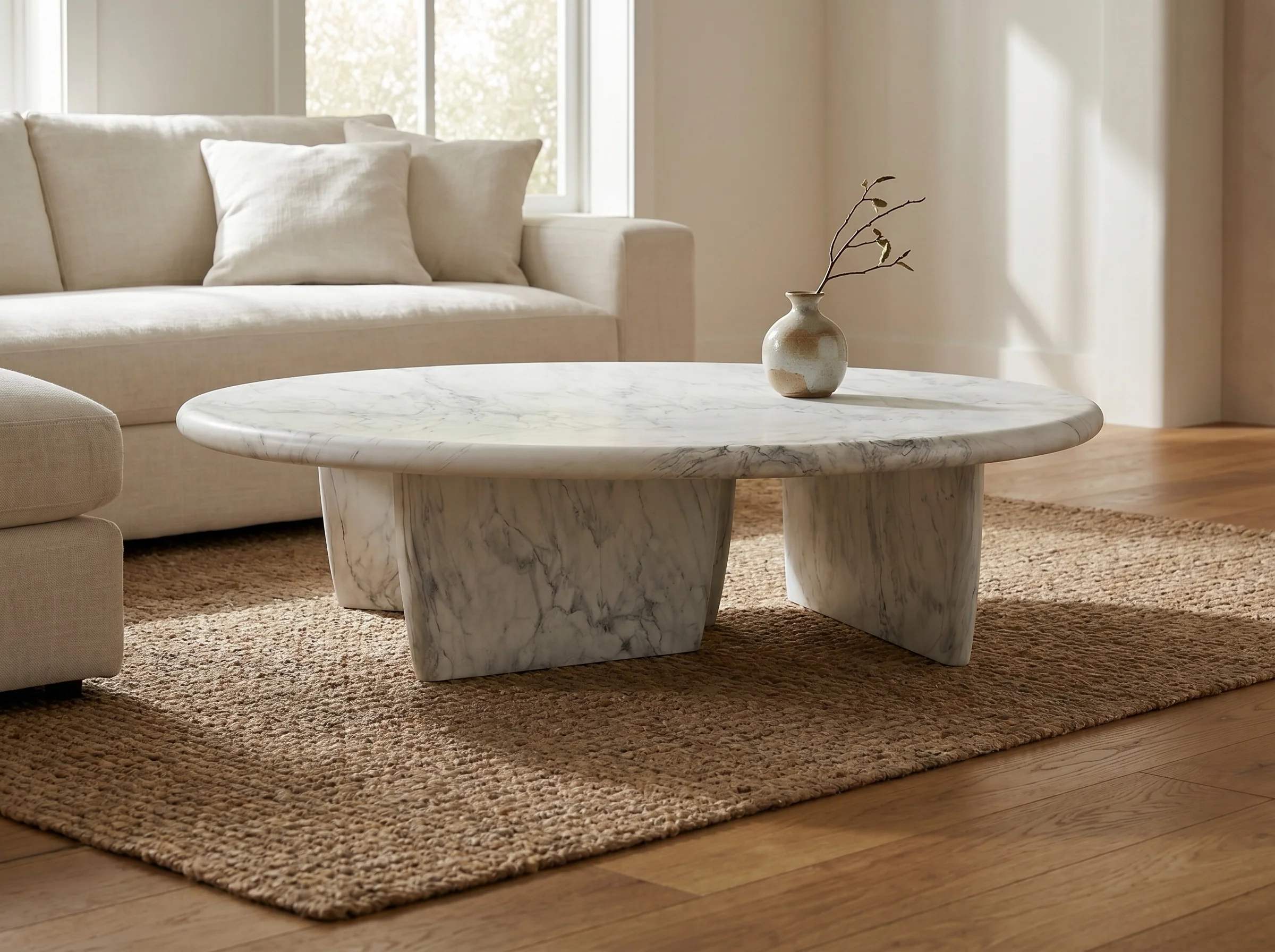 Del Mar Cast Coffee Table in White Marbled, Styled