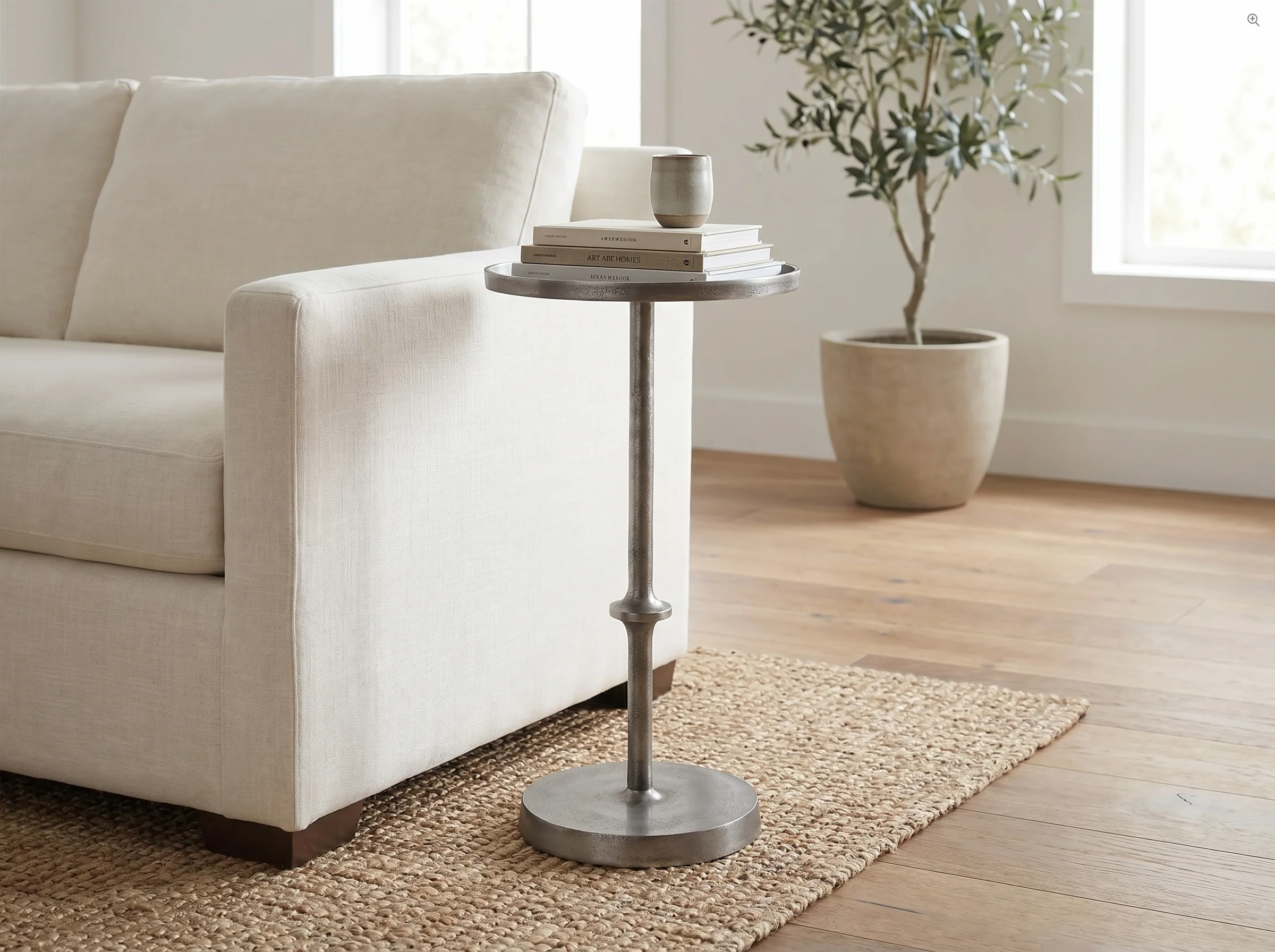 Encinitas Pedestal Side Table in Antiqued Silver, In situ