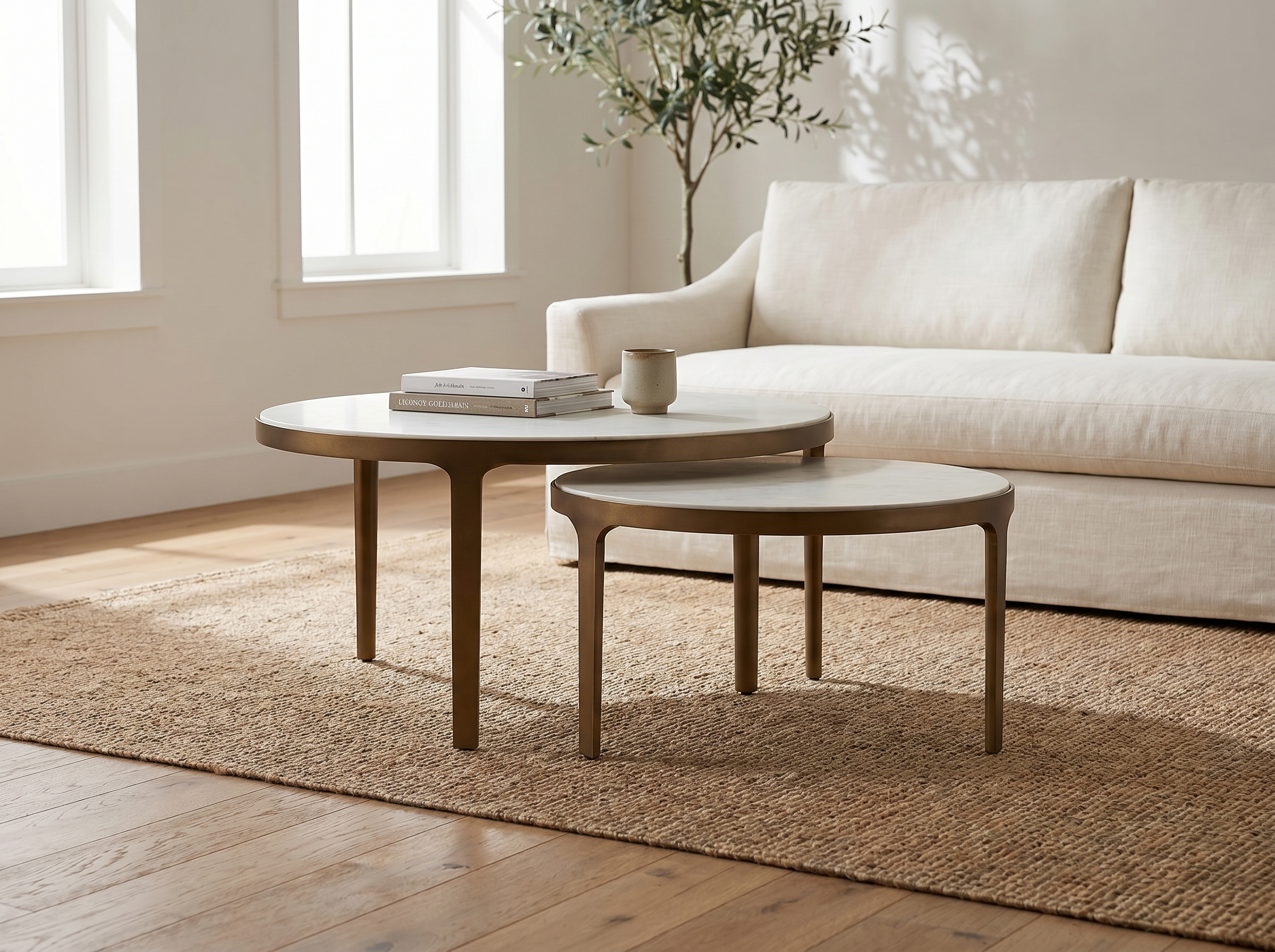 La Jolla Nesting Coffee Tables in Aged Bronze — In situ