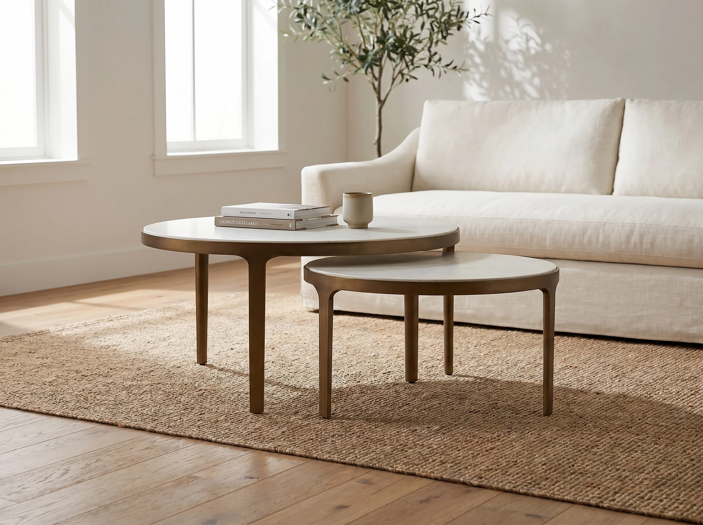 La Jolla Nesting Coffee Tables in Aged Bronze, In situ
