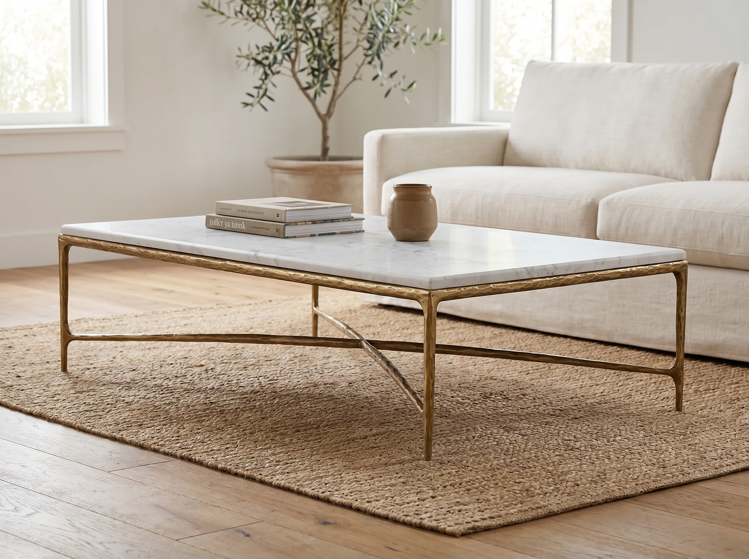 Otay Forged Marble Coffee Table styled in a sunlit living room