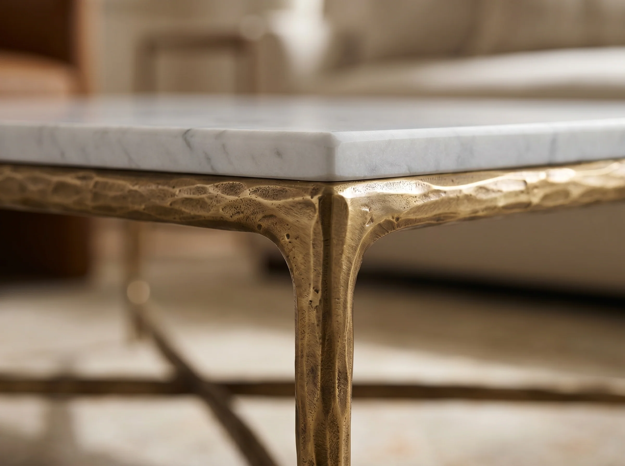 Otay Forged Marble Coffee Table in Forged Brass, Detail