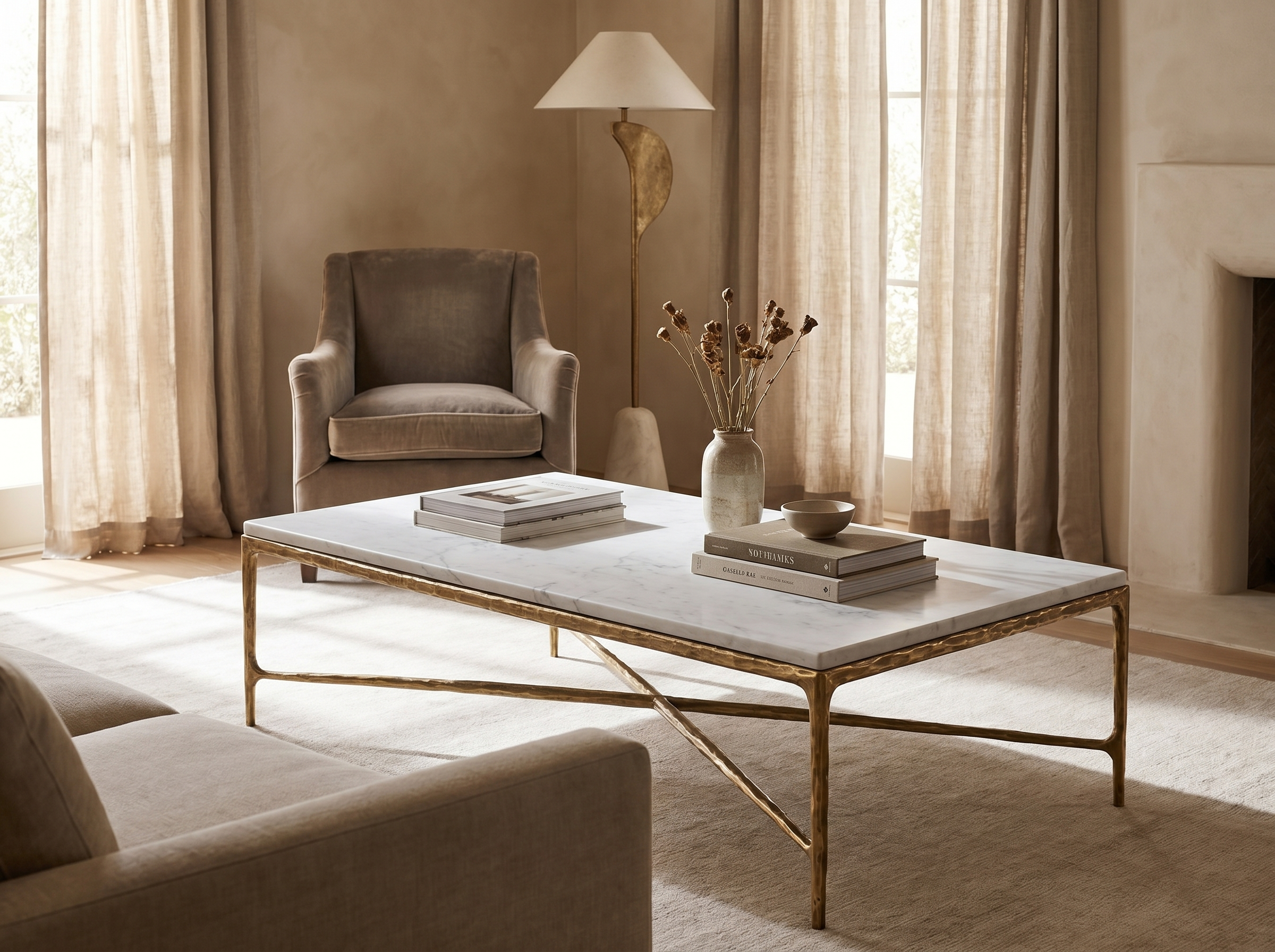 Otay Forged Marble Coffee Table in Forged Brass — Styled