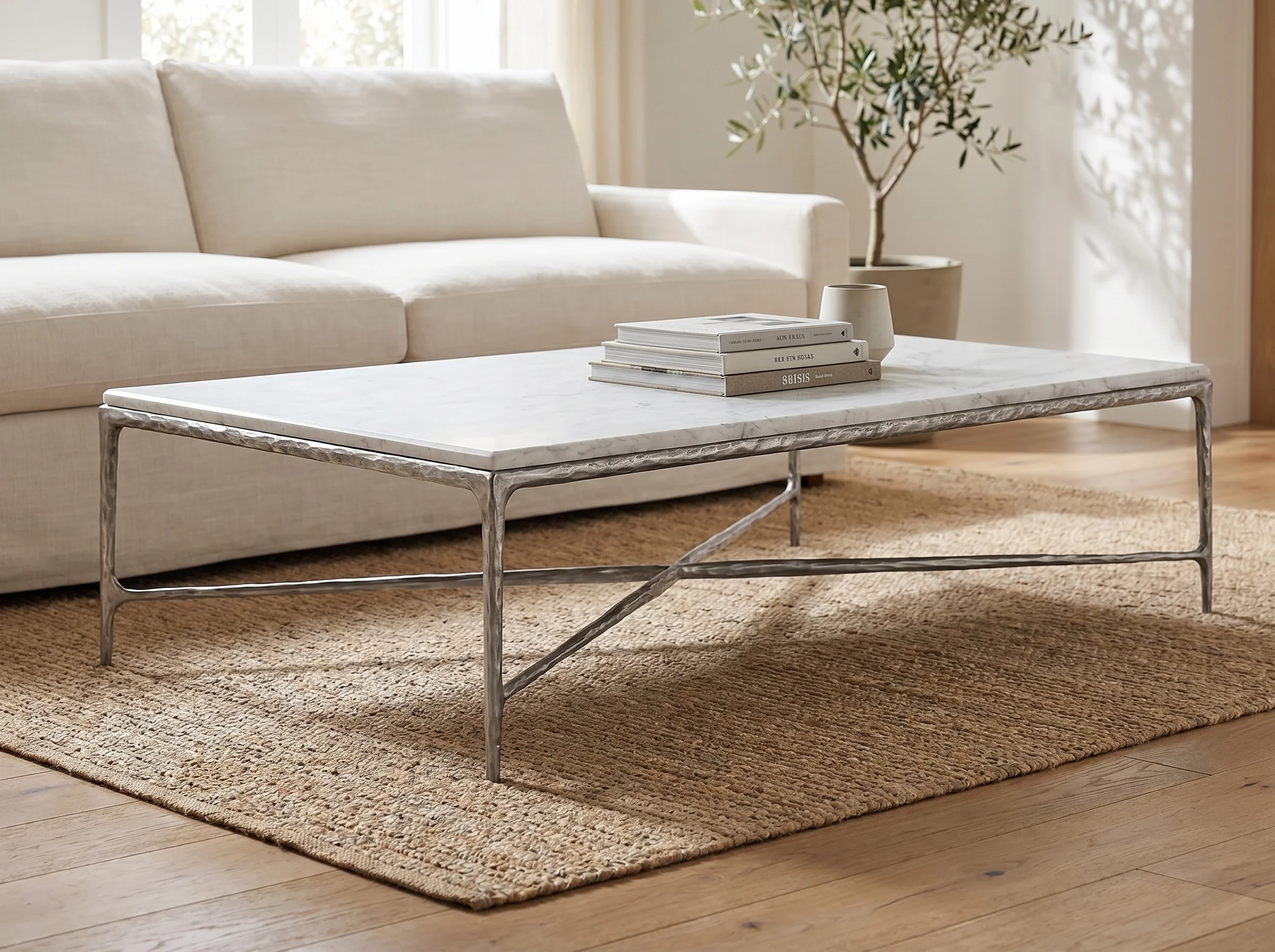 Otay Forged Marble Coffee Table in Raw Stainless, In situ