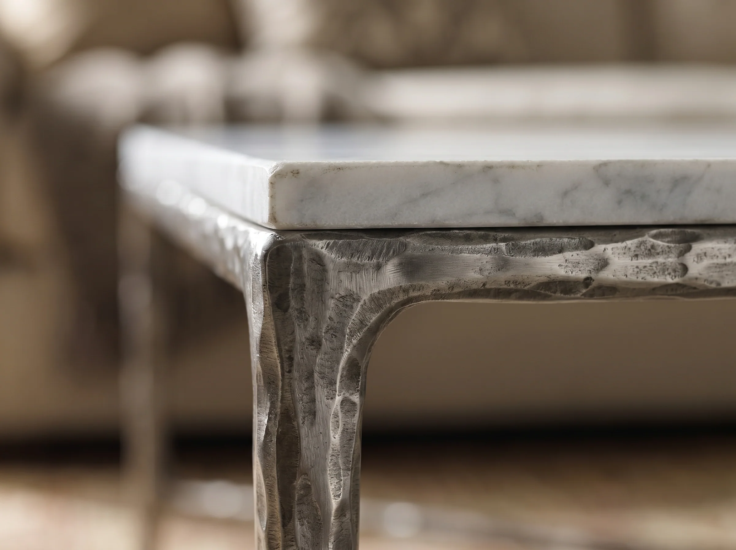 Otay Forged Marble Coffee Table in Raw Stainless, Detail