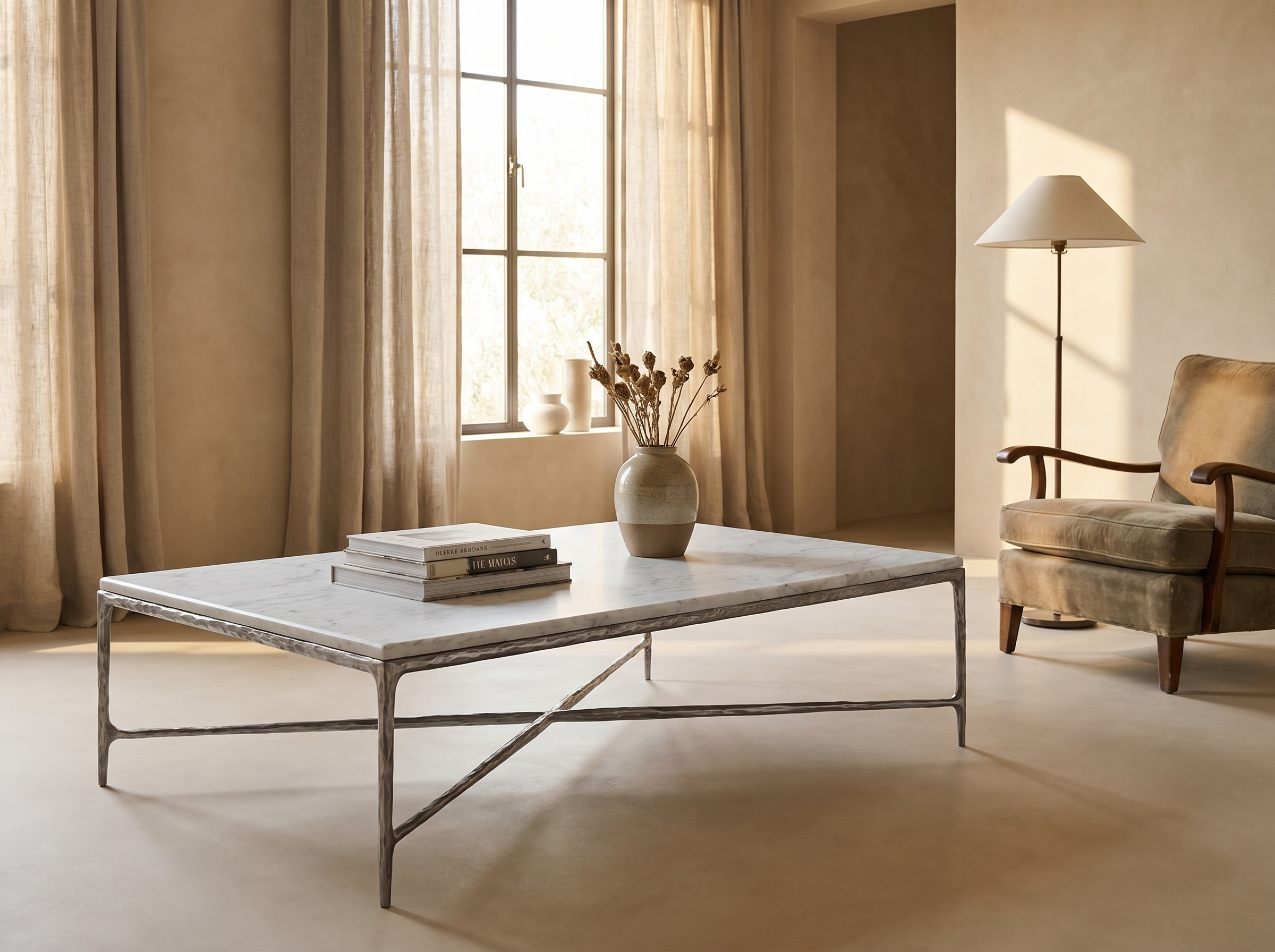 Otay Forged Marble Coffee Table in Raw Stainless — Styled
