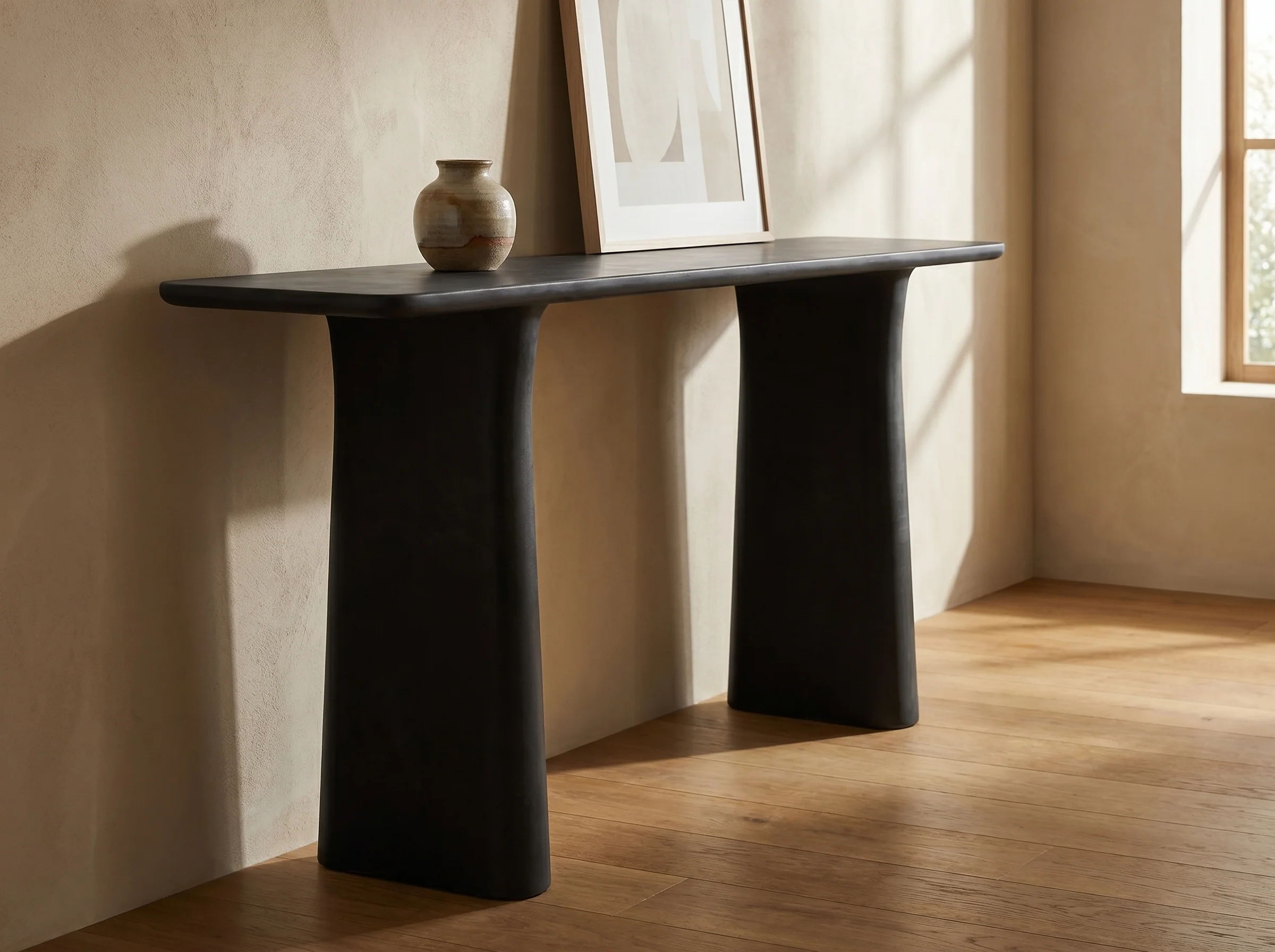 Solana Concrete Console Table in Black Cement, Styled